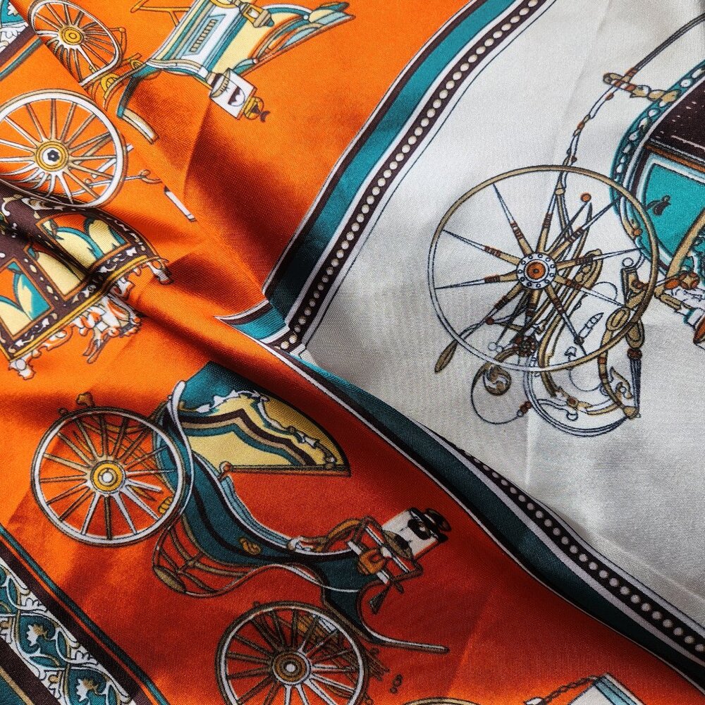 ORANGE Teal & White Poly-Silk 36” Square SCARF Equestrian CARRIAGE New